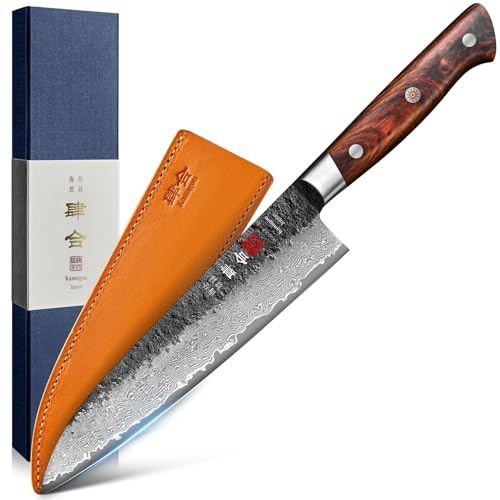 kanngou Coltello da cucina damascato, 21 cm, coltello da cucina Gyuto, coltello giapponese extra affilato in acciaio VG-10, con manico ergonomico in legno di Pakka, design robusto e confezione regalo
