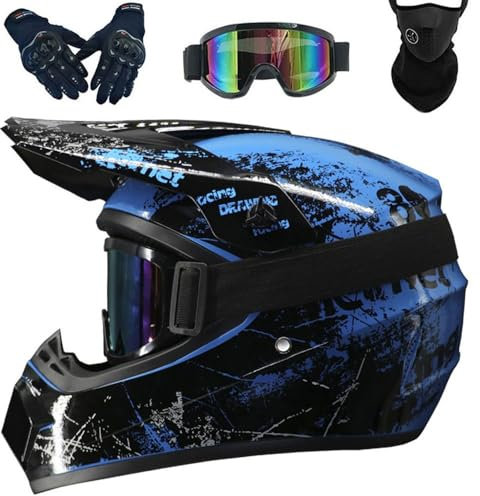 Helm Motocross Helm Kinder Erwachsene mit Schutzbrille Handschuhe Gesichtsbedeckung DOT-zugelassen(#Blue,S(52-53cm))