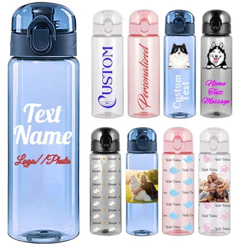 Xsersao Personalisiertes 780 ml Wasserflasche mit Foto & Name Transparente Sportflasche aus Kunststoff für Frauen Männer Kinder Fitness und Outdoor - Horizontaler Text Blau