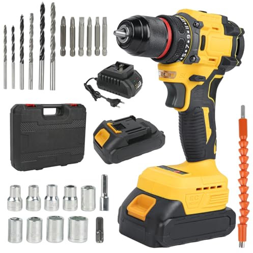 Taladro Percutor a Batería 21V, 45Nm Atornillador Eléctrico con Bateria de 4000mAh, Taladro Atornillador a Baterie con 24 Accesorios, 18 + 2 Ajuste de Par, con Maletín Transporte (con 2 Batería)