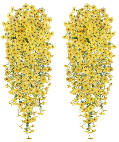 CONNECTION 4 Pezzi Pendenti Fiori Artificiali Cadenti 77cm Pianta Glicine Finta Fiori Finti Da Esterno Artificiali Decorazioni Pianta Cadente per Matrimonio Parete Balcone Giardino (Giallo)