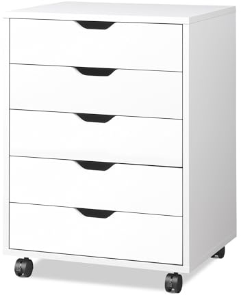 DEVAISE Mobile File Cabinet 5 Drawers, Wood Under Desk Drawers with Wheels for Home Office Storage Printer Stand, White