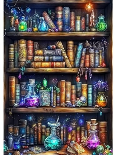 KEYIFA 5D DIY Magical Bookshelf Diamond Painting Kits for Adults, Full Drill Canvas Photo Diamond Art, Crystal Art Diamond Painting Craft Kits for Beginners, Home Wall Decor 30x40cm