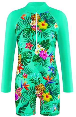 Swimming Costume for Girls with Leaf Print, Long Sleeve, Sun Protection, Quick-Drying Neoprene Shirt Kids, Green, 6-7 Years