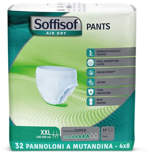 Soffisof Air Dry Pants Super XXL – 40 couches pour personnes âgées en culotte – 4 paquets de 10 culottes absorbantes pour incontinence pour femme et homme – Pantalon adulte 8 gouttes – XX-Large (150