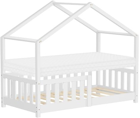 ML-Design barnsäng hussäng 70x140 cm vitfärgad med madrass träsäng med fallskydd ribbotten tak leksäng av furu för barn Montessori golvsäng sängram juniorsäng lekfullt design trygg och säker
