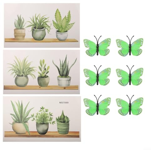 Lot de 6 autocollants muraux en forme de plante verte avec papillons 3D lumineux pour décoration de la maison