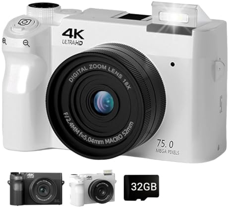Zoomix Digitalkamera, 4k 75mp Digitalkamera, 18x Digital Zoom Kompaktkamera med 3,0 Skärm och Smart Fokus, Dubbla Främre och Bakre Kameror(White-32gb#)