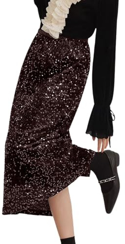 Darringls Gonna con paillettes lunga in velluto glitterato Bodycon gonne midi per banchetti e feste, gonna casual a vita alta, elegante, maxi gonna elastica in vita scintillante, con paillettes, caffè