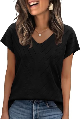 WIHOLL Women's Jumpers Short Sleeve V-Neck Knit Ladies Tops Summer Spring Sweaters Casual T Shirts for Women UK Black XL