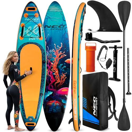 Neo-Sport Stand Up Paddling Board Aquasurf 10.6 – Allround SUP Board Set per principianti e tempo libero – 320 x 84 x 15 cm – fino a 140 kg – con pagaia, pompa, leash e zaino