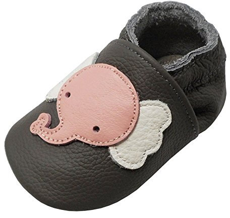 YALION Baby Weiche Leder Lauflernschuhe Krabbelschuhe Hausschuhe Lederpuschen Elefant Dunkelgrau (EU 22/23=L, Dunkelgrau)