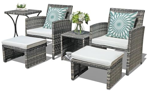 OC Orange-Casual 6 Piece Patio Furniture Conversation Set with Ottoman, Outdoor Grey Wicker Chair and Table Set, Balcony Furniture for Apartments, White