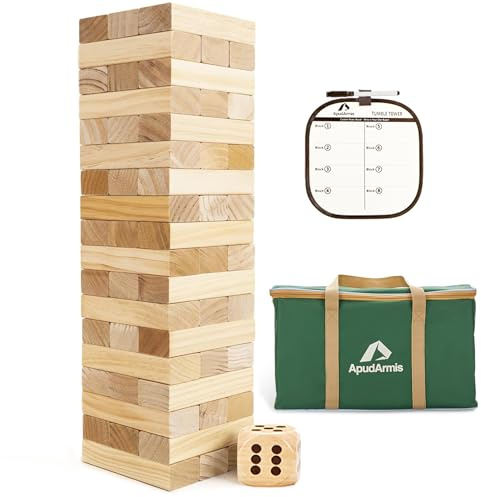 ApudArmis Giant Tumble Tower (Stack from 2Ft to Over 4.2Ft), 54 PCS Pine Wooden Stacking Timber Game with 1 Dice Set - Classic Block Giant Outdoor Game for Teens Adults Family