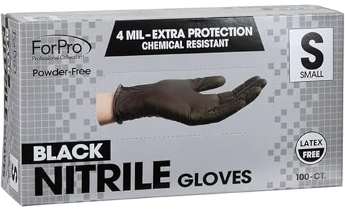 ForPro Professional Collection Disposable Nitrile Gloves, Chemical Resistant, Powder-Free, Latex-Free, Non-Sterile, Food Safe, 4 Mil, Black, Small, 100-Count