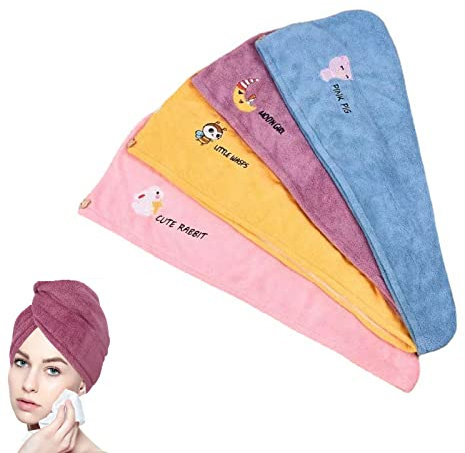 Basetousual Pack of 4 Mikrofaser Handtuch Haare Quick Drying,Turban Handtuch mit Knopf,Super Absorbent Turban Handtuch,Haarturban Kinder for Women Girls All Hair Types(Purple, Pink, Yellow, Blue)