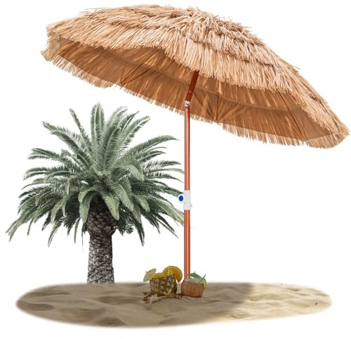 RELAX4LIFE Parasol Plage Hawaïen Inclinable Φ175 CM - Hauteur Réglables 1.4-1.9M, Paille Tropicale 8 Baleines avec Sac de Transport, Style Exotique pour Balcon Appartement-Plage-Patio