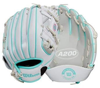 WILSON A200 EZ Catch Gant T-Ball Mixte Adolescent, Argenté/Blanc/Bleu Sarcelle, 25,4 cm