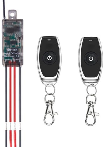 Meskliu 12v funkschalter, Mini Funkschalter mit Fernbedienung,DC5V-24V 5A Funk Relais Wandschalter,Kabelloser Lichtschalter mit 50m Long Range für Garagentor, Motor, Markise…