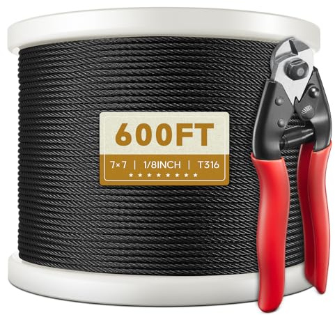 KALLSDY 600FT 1/8 T316 Black Stainless Steel Cable, Black Wire Rope Aircraft Cable for Deck Cable Railing Kit, DIY Balustrades, 7x7 Strands Construction, Comes with a Cutter