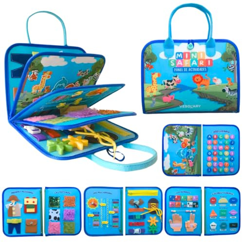 Vebolary Busy Board Montessori EN ESPAÑOL – Juguetes Montessori 3 4 y 5 Años, Juguete Educativo Sensorial Motricidad Fina y Aprendizaje, Libro Montessori Portátil de Fieltro, Regalo Niña