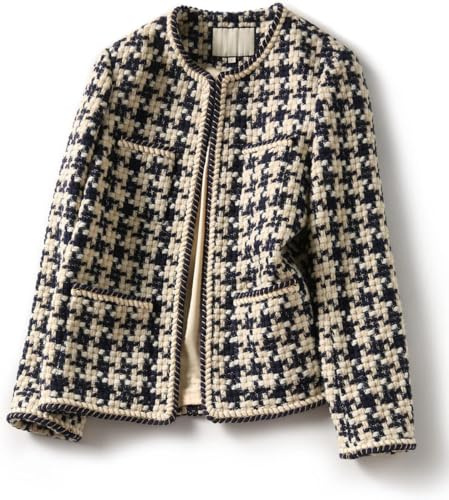 Veste Blazer en Tweed Mince Et Courte pour Femmes Printemps Et Automne Mode Décontractée Taille Polyvalente Col Rond Veste De Travail à Manches Longues (Bleu,3XL)