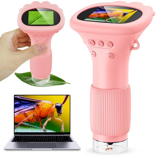 1000X Digital Microscope for Kids, 2.0'' IPS Color Screen Rechargeable Portable Handheld Mini Microscope with Adjustable 8 LED Lights - Edu Birthday Gift for Age 3-12 Boys & Girls - Pink