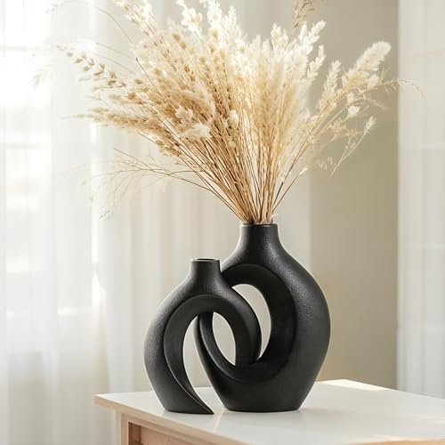 Set med 2 ihåliga keramiska vaser, modern vit inomhus dekorativ vas för nordisk, estetiska bohemiska runda blomkrukor för hemmet (Svart)