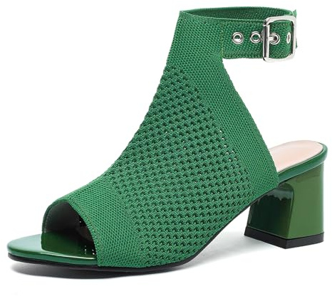 GHIBHNA Women'S Knitted Peep Toe Slingback Chunky Heel Buckle Ankle Boots Summer Breathable Mesh Open Toe Hollow Block Heel Sandals Fashion Work Walking Sandals (green,8)