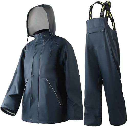 Traje lluvia hombre PU impermeable resistente con peto y capucha | Tirantes ajustables,capucha desmontable, para pesca, construcción, trabajo y actividades al aire libre