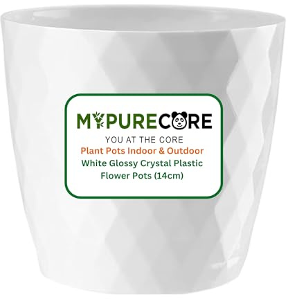 MYPURECORE Plant Pots Indoor 14cm – Stylish Decorative Plastic Flower Pot with Glossy Crystal Surface – Durable Indoor & Outdoor Planter for House Plants, Herbs (White, 14 cm)