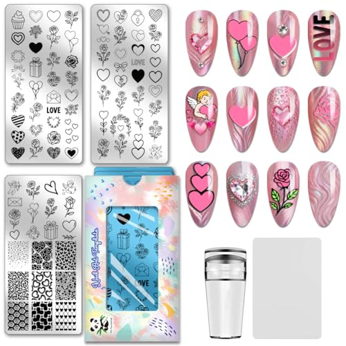 PH PandaHall 3pcs Fête des Mères Plaque de Stamping pour Ongles Cœur Amour Modèles de Nail Art Fleur Rose Ange Pochoirs pour Ongles pour la Fête des Mères en Acier Inoxydable pour Femme Manucure Salon