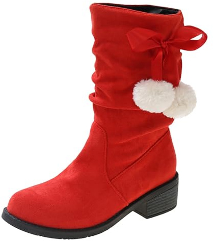 Generisch Botas de Navidad para mujer, con adornos de bola de nieve, botas medianas, rojo, 38 EU