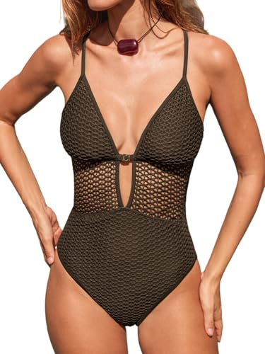 CUPSHE Women's One Piece Swimsuit Plunging Neck Cutouts Bathing Suit Textured Crisscross Back Self Tie Swimwear Cherry Red/Salmon M