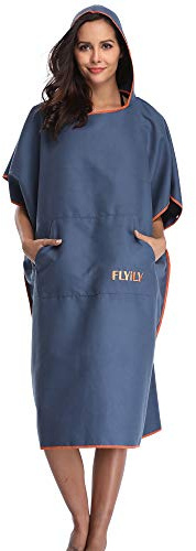 FLYILY Serviette en Robe Poncho avec Capuche en Microfibre Changement Peignoir de Bain Serviette de Poncho(Navy,L)