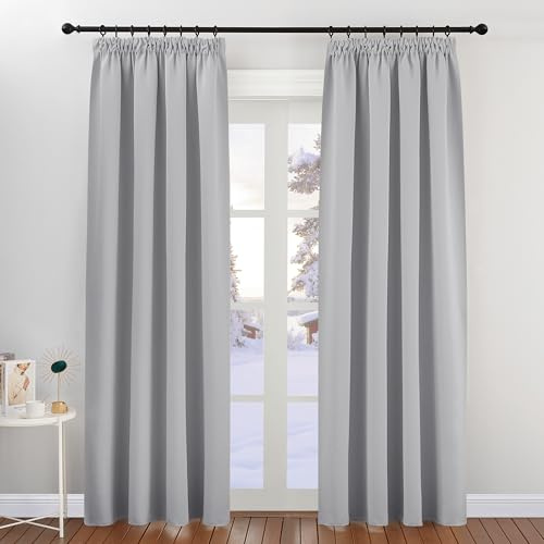 PONY DANCE Thermal Blackout Curtain – Noise Cancelling Living Room Curtain, No Drilling, Decoration for Living Room, Bedroom, Home, Silver Grey, L 140 x H 200 cm, Pack of 2
