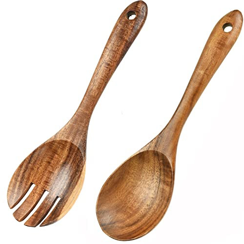 Duories Salatbesteck aus Akazienholz,26cm Salatzange Serviergeschirr Set Salatmixen Gabel Löffel Langer Griff Salatgabel Salatlöffel Set Holzbesteck Kochutensilien Besteck Set für Küche Esszimmer