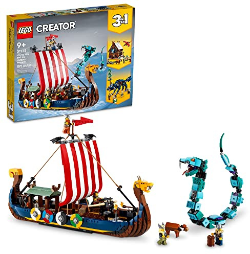 LEGO Creator 3in1 Viking Ship and the Midgard Serpent 31132 Building Kit; Features Ship, House and Wolf Toys; Creative Gift for Kids Aged 9+ Who Love Viking Adventures and Construction (1,192 Pieces)