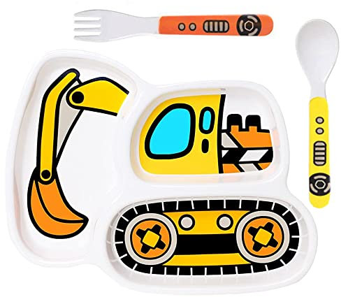 Guidre Bagger Besteck Kindergeschirr Set, 3er Tragbar Teller Babyteller, Inklusive Bagger Kinderteller, Löffel, Gabeln BPA-Frei, Für Spülmaschine, Mikrowelle und Backofen Geeignet