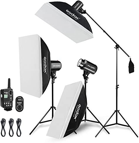 Godox 750W Estudio Profesional Strobe Flash Kit de Luz para Fotografía, 3 Pack 250W Estroboscópico con Disparador Estroboscópico, softbox, Soportes de luz, Brazo de la Pluma