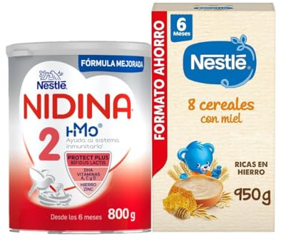 NIDINA - Mega Pack Leche de continuación en polvo Nidina 2 800g + Papilla Nestlé para bebés 8 cereales miel 950g