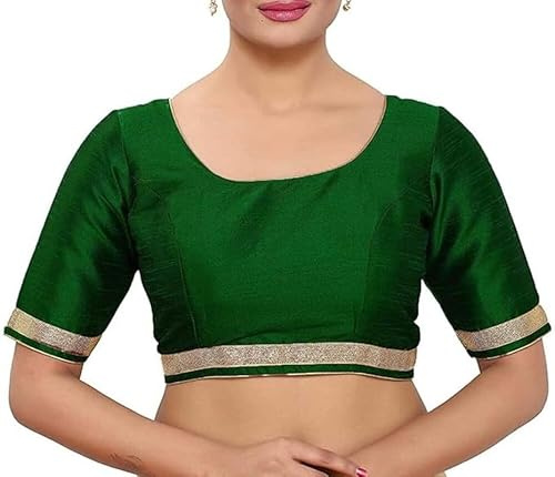 The India's Store Indian Women's Silk Stitched Half Sleeve Saree Blouse Top Dupion Readymade Ethnic Tunic Sari Choli Round Neck Dark Green