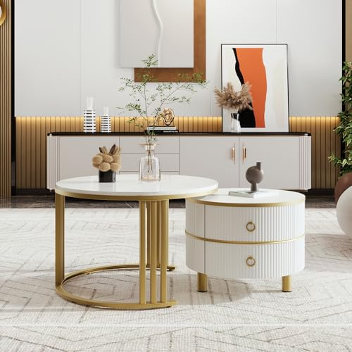 BTM 2-in-1 MDF Round Coffee Tables, White Nest of Tables with Glossy & Marble Tabletop and 2 Drawers, White and Gold Coffee Table,70x70x46+50x50x40 cm