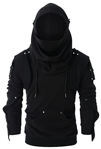 Herren Kapuzenpullover Mittelalter Vintage Nieten Rüstung Sweatshirt Gothic Steampunk Hoodies Slim Fit Schwarz Langarm Hoodie Classic Kordelzug Sweatshirt Stretch Pullover Sweaters Komfort Weste XXXL,