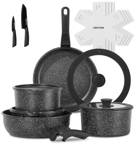 JEETEE Set Pentole Induzione 17 Pezzi, Set Padelle Antiaderenti con Manici Rimovibili,Padella 20/26cm,Padella Profonda 26cm,Casseruola 18/20cm, Impilabile, Per Tutti i Piani Cottura, Adatto al Forno