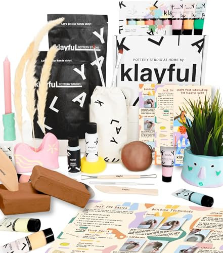 Klayful-Töpferset für Anfänger | Lufttrocknendes DIY Set für Erwachsene | 3kg of ton,Werkzeuge,Acrylfarben,Pinsel, Dichtmittel,Anleitung (3 kg Ton Terrakotta – Pastellfarben)