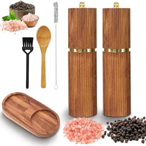 Salt och pepparkvarn trä stor, uppsättning av 2 justerbara keramiska kvarn, pepparkvarn, massivt trä akacia-peppar och saltkvarn inklusive underlägg, träsked, rengöringsborste (burlywood)