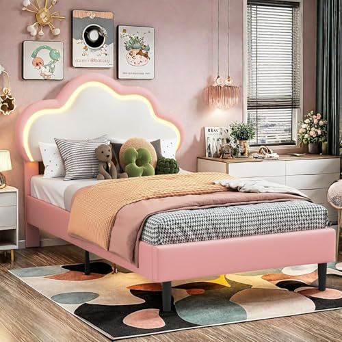 FEEOHOME lit Enfant Fille 90 x 200 cm, Lit Simple rembourré pour Enfant avec lumière LED réglable, Lit Princesse avec tête de lit Nuage, avec tête de lit LED réglable en Hauteur, PU (Rose)