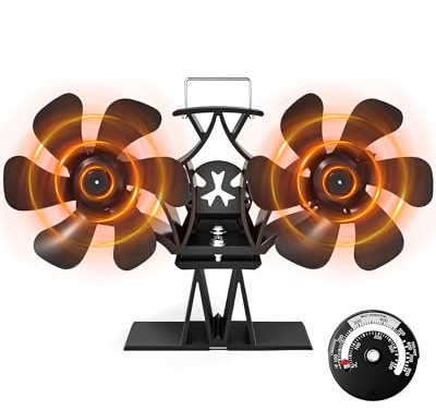Signstek 12-Blade Twin Fans Stove Fan with Thermometer | Heat Powered, Silent, High Efficiency | for Wood Stove/Fireplace/Log Burner