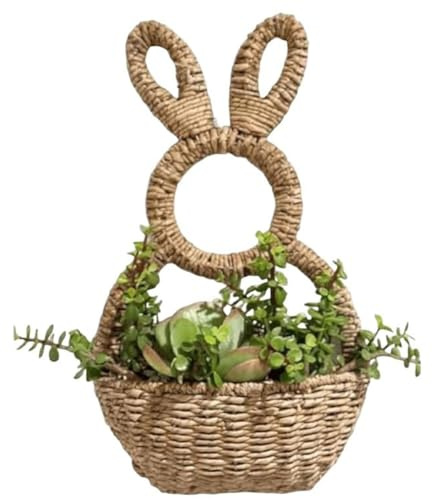 Kquepo Cesta de Conejito para Colgar en la Pared, Decoración de Pared con Resortes, Cesta de Mimbre Tejida A Mano con Forma de Conejito de Pascua, para Decorar.